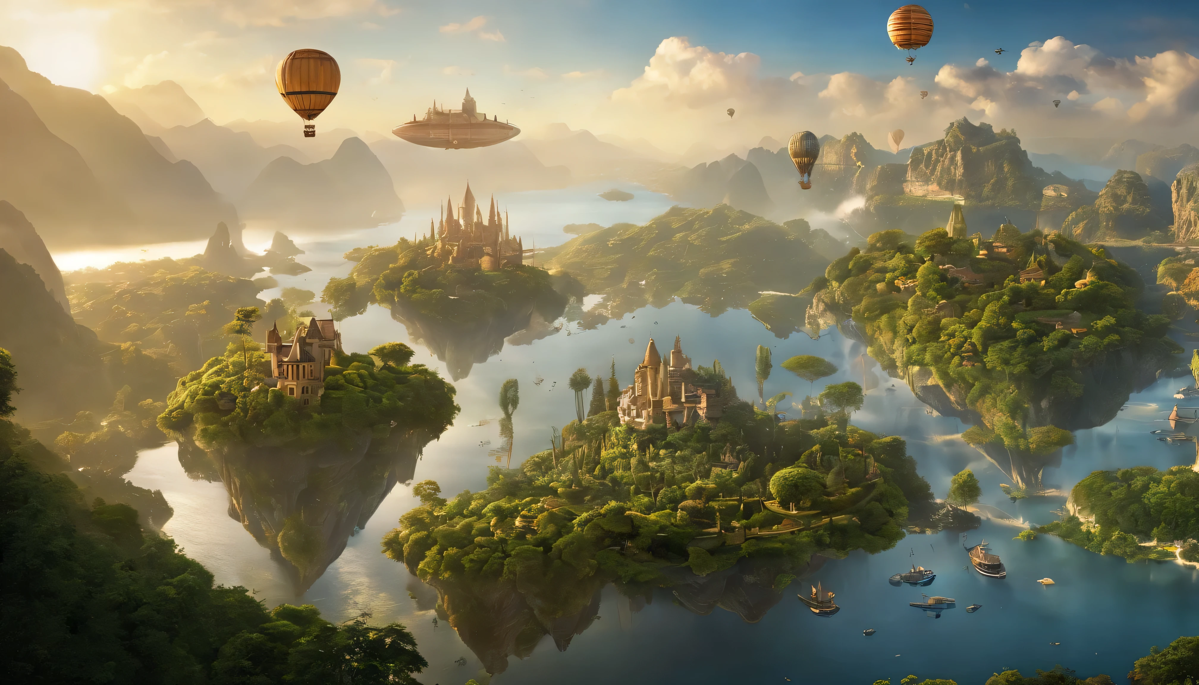 Many islands are suspended in the air with many small airships flying around, cities, fantasy, magical plants growing, extreme details, realistic light, epic composition, (complex details), (complex design, ultra-details :1.2), Art Station, (Masterpiece, Best Quality), Ultra HD, 32k --v 6