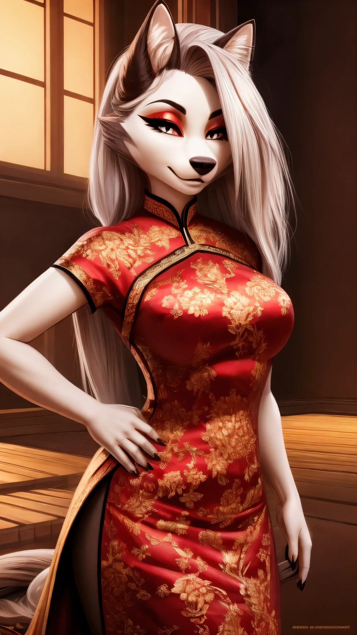 (best quality,highres),(realistic:1.37),Loona in a chinese dress with big breasts,beautiful detailed eyes,beautiful detailed lips,extremely detailed face,long eyelashes,gorgeous appearance,confident posture,flowing black hair,delicate hands,fine embroidery on the dress,cheongsam with vibrant colors,floral patterns,soft and smooth silk fabric,traditional Chinese accessories like hairpin and fan,graceful movements and expressions,background with elements of Chinese culture and architecture,soft lighting to enhance Loona's beauty,vivid colors to bring out the richness of the dress,delicate shading to create depth and dimension,portraits,traditional art style,colorful palette with warm tones,traditional Chinese red as the dominant color,subtle gold accents to add elegance and luxury。
