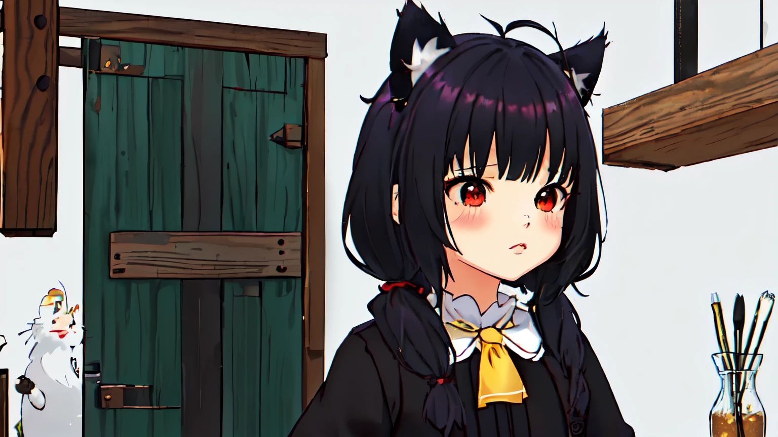 1 chica ,long hair slightly wavy slightly past the shoulders, black bangs, small black pigtails on the sides, cute cat ears, beautiful thin red eyes, caminando bajo un puente en un campo de hierba y tierra, Seis, yellow Lluviacoat, descalzo, cara cubierta por gorra, con techo verde, Aya Goda, corona de cushart, una pintura, Pintada, Lluvia,   