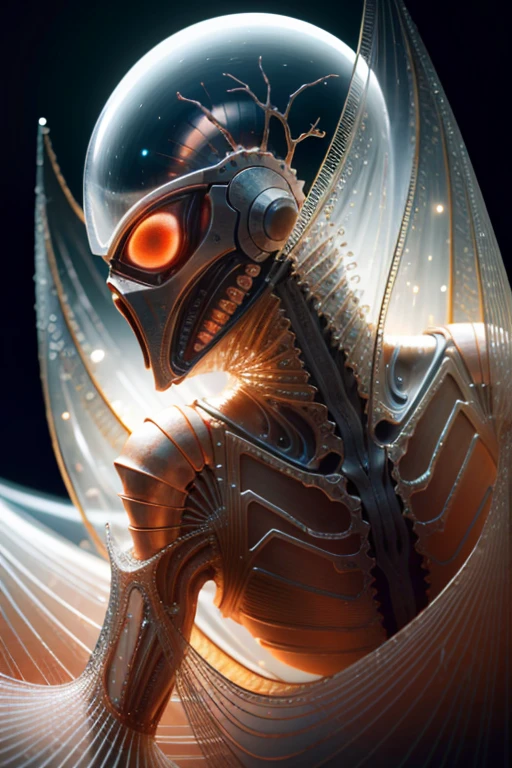 Intricate 3D Rendering Ultra Detailed Beautiful Angel of Death, Biomechanical Robot, Simulated 150mm Lens, Beautiful Natural Soft Rim Light, Neon Veins, Roots, Delicate Leaf Lace, Colorful Details, Boris Bidjan Saberi Costume, Pearl Earrings, Piercings , art nouveau fashion embroidery, intricate details, mesh lines, mandelbrot fractals, facial muscles, cables, microchips, thugs, surreal, octane, volumetric lighting, 8k and post production, red white with a bit Black, metal skull detail, half human figure, iridescent, Glenn Brown style, futuristic room, god power, high angle shot, complex body poses