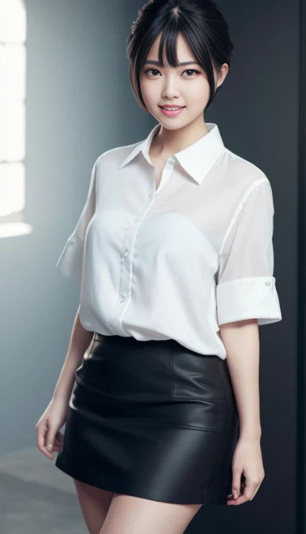 (8k, highest quality, masterpiece: 1.2), (Realistic, photoRealistic: 1.37), Very detailed, beauty, cute, alone, Are standing, (smile: 1.15), (Mouth closed), Black Hair, Beautiful Eyes, big, White shirt, (short hair: 1.2), skirt, Floating Hair NovaFrogStyle, Room without windows, White Background, No Shadow, whole body, smile, slanted face, foot, arms, head whole, The person who was cut off々, Facial lighting, Dating site