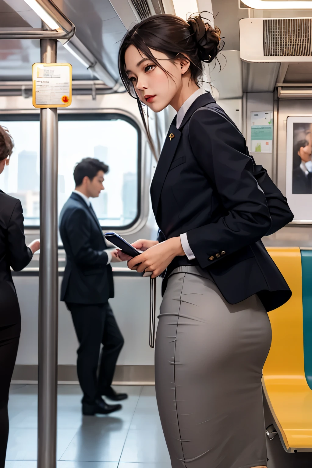 masterpiece, best quality, (Practical), high quality, 4K, (masterpiece:1.2), (best quality:1.2), (Realistic photos:1.2), 8k, movie poster photo, Intricate details,
A young Korean woman in office clothes stands，Holding subway handrail, She was deep in thought during the morning rush hour. She is wearing a gray suit jacket，Paired with matching pants and black heels. Her black hair was neatly parted，Draped over the shoulders. When the train shakes，She holds the phone in one hand，Keep balance with the other hand. The subway car around her is filled with blurry city commuters, But the woman stares thoughtfully into the distance, Be mentally prepared for the busy day ahead. The metallic rattle of the train on the tracks fills the background，City buildings pass quickly outside at dawn
(( 3/4 Body : 1.2 )) (( Large Breasts )) , (( cleveage ))
(((( 5+ old man )) Stand around
 (((Grab someone else's ass, 2 boys, from the side, netorare, Pencil Skirt, Office female staff,, masterpiece, best quality, Very detailed,)))
 (masterpiece,best quality:1.5)