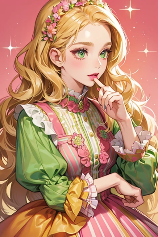 she wears a green long sleeved dress with orange stripes at the bottom of the sleeves and dress, that has an frilly orange collar. She also has blonde curly hair, eyelashes, and pink lipstick. SPARKLE; GLITTER