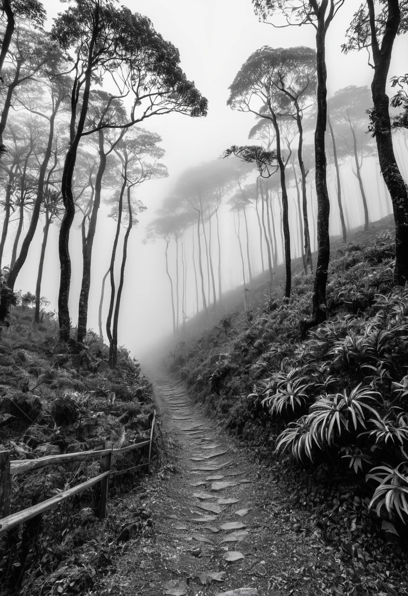 ((Uma pasagem em preto e branco)) sobre , ((dois morros um do lado do outro)), (full of trees and with fog halfway up the hill), ((between the hills a path with mist and full of trees)).