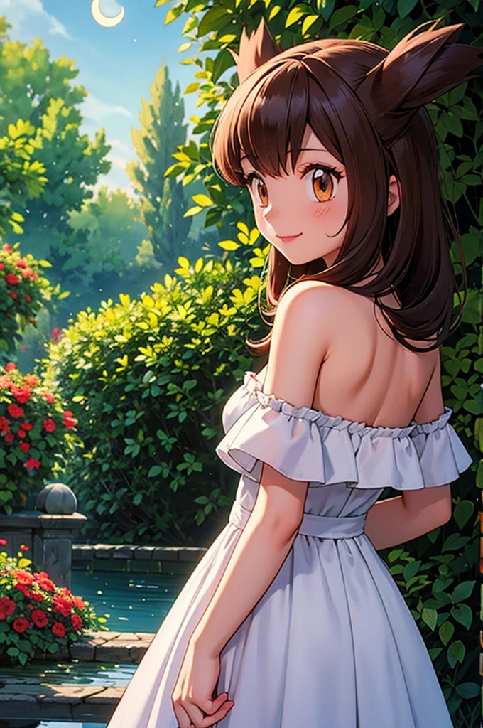 masterpiece, best quality, ultra-detailed, illustration, beautiful detailed eyes, very detailed illustration, cinematic lighting, 1 girl, solo, Pokemon Heroes (Bianca), Brown Hair, brown eyes, bare shoulders, strapless, off shoulders, white ruffle off the shoulder maxi dress, intricate details, sharp focus, high resolution, the background of beautiful garden with a forest, rose bushes, on a beautiful night, crescent moon, smile, standing near a lake, arms behind back, anime style, ultra-detailed, hdr, far at the bottom, in the center, Close up
