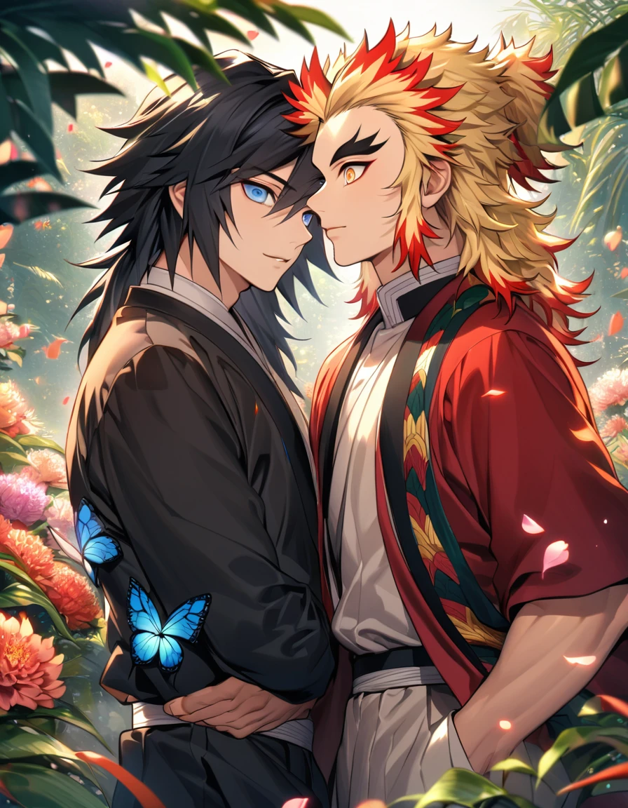 Ultra detailed, highres, absurdres, HDR, Rengoku Kyojuro, blond hair, golden eyes, Tomioka Giyuu, black hair, blue eyes, Kimetsu No Yaiba, pink and green leaves, flowers and petals, summer, 2 men together, gay couple, handsome, butterflies