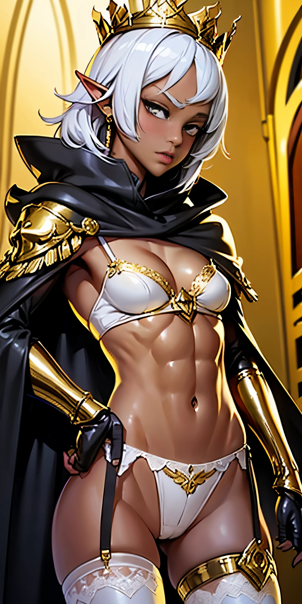 Buzz cut , perfect anatomy 1 girl tall solo, ((black skin:1.3)), slim thick,  colored skin, ((muscular)) high dark elf toned body, silver pasties on breasts, ((small breasts:1.4)), metal silver cape, slendered abs, ((garter belt on hips)), midriff exposed, ((pressed cleavage:1.3)), hourglass waist, detailed face, defined cheekbones, puffy lips, gauntlets, (((tall gold crown))), shadow over eyes, looking at viewer, masterpiece, ((white thigh high lingerie))