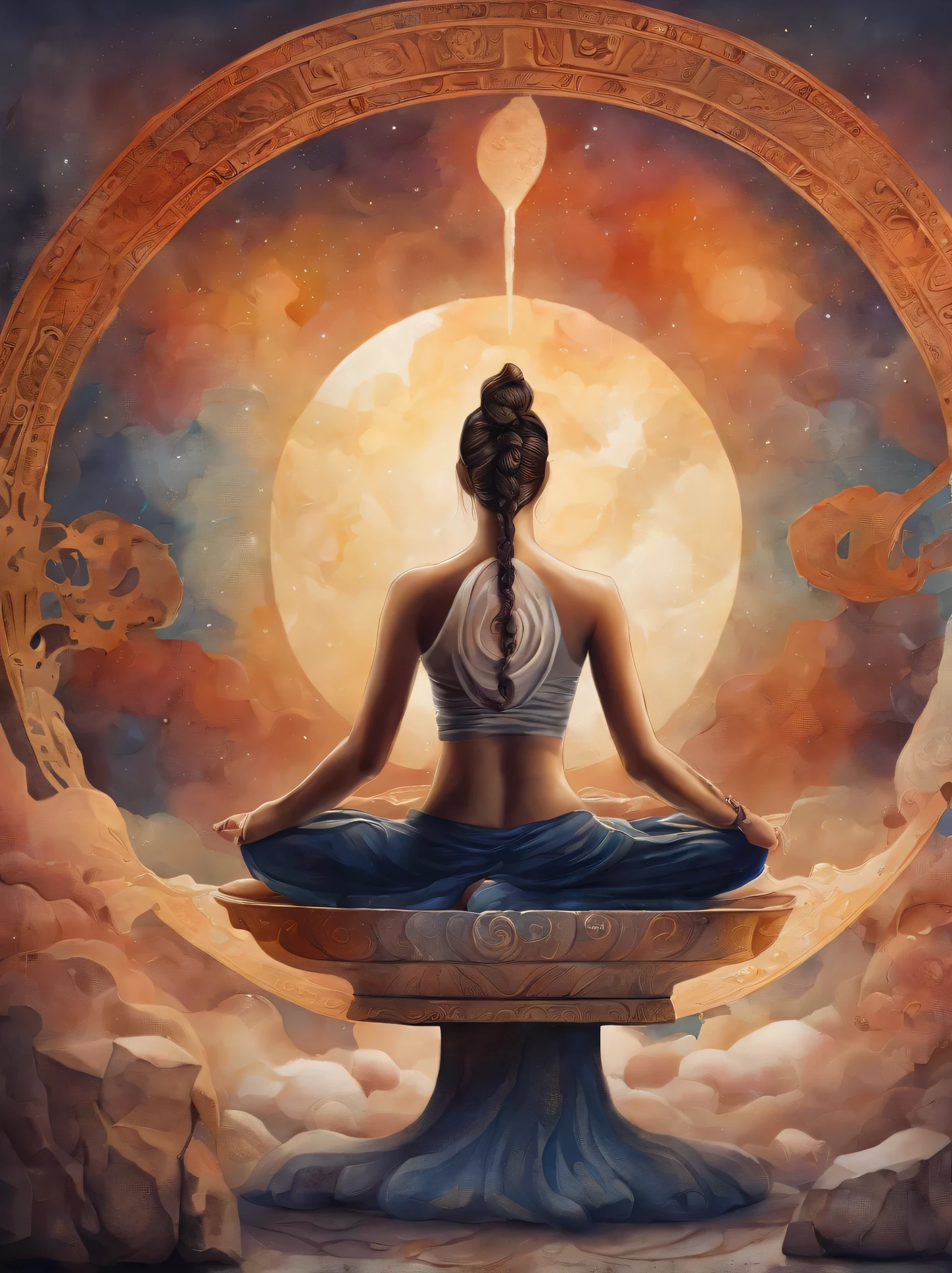 painting of a woman sitting in a yoga pose with a yin symbol, digital art by Zhu Da, deviantart, metaphysical painting, ying and yang, taoism, yin yang, yang qi, spiritual imagination of duality, alice x. zhang, spiritual enlightenment, everything is in balance, taoist master, cyril rolando and goro fujita