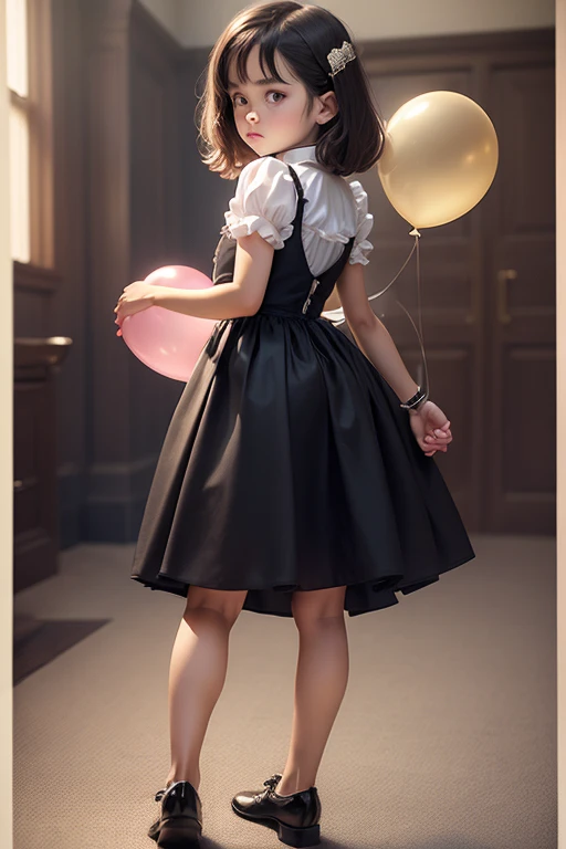 ((holding a ballon)), (((full body))), real photo, 9 years old girl, Brat female , ((looking back at me)), dress shoes,