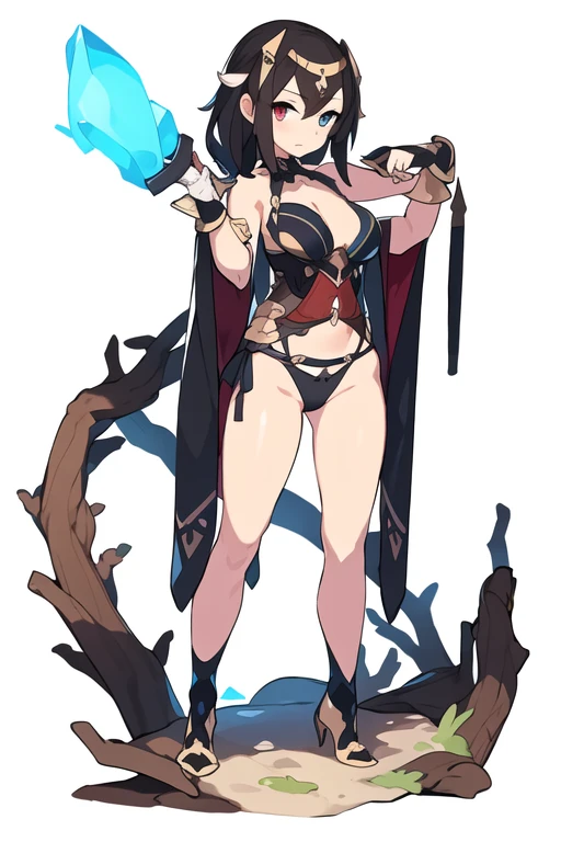 stand posture, cute eyes, 1girl, solo, high fantasy outfits, ((white background)), full body, holding weapon, thong,