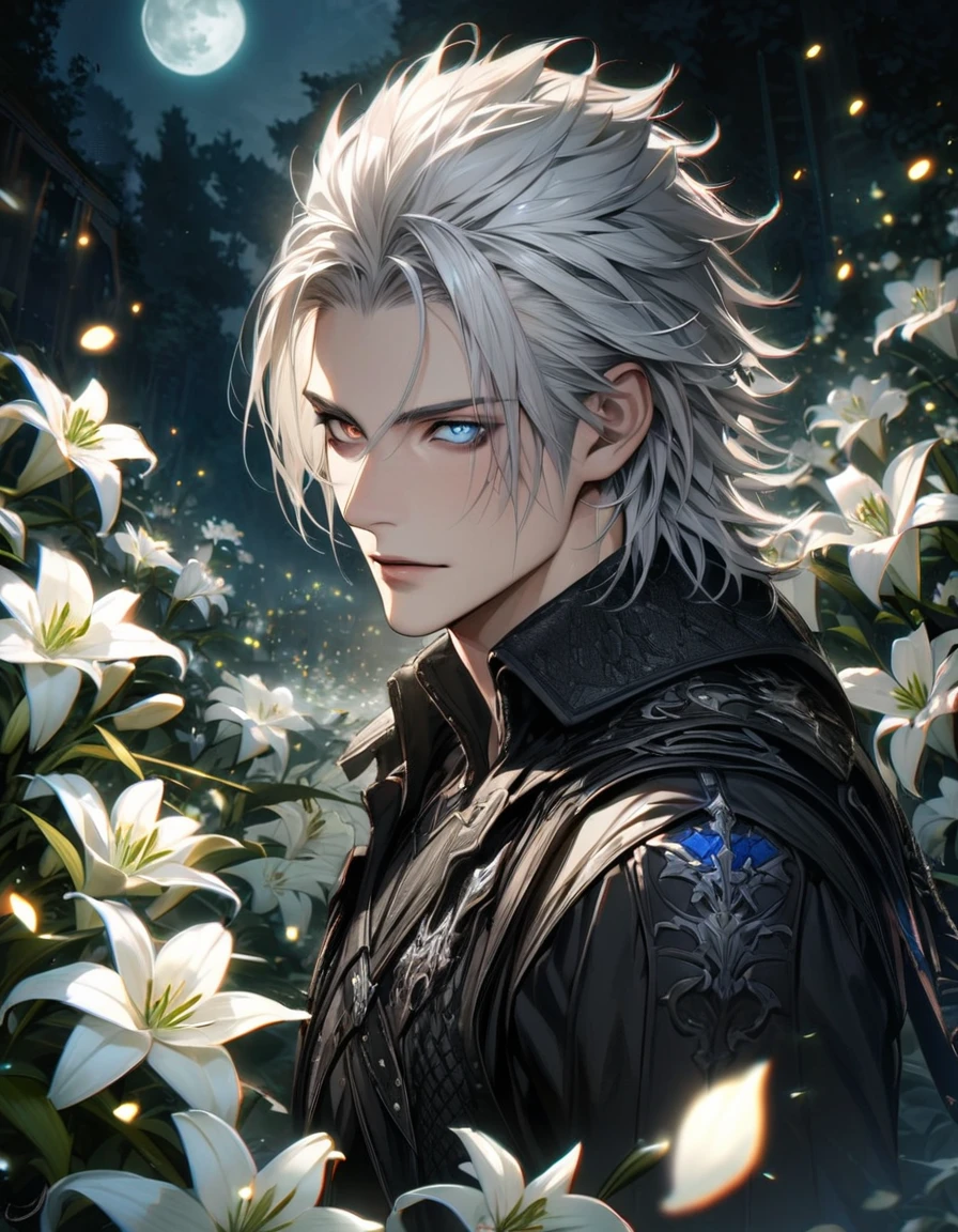 absurdres, highres, ultra detailed, HDR, master piece, best quality, Ravus Nox Fleuret, white hair, heterochromia, right grey eye, left blue eye, Final Fantasy XV, 1man, handsome, petals, white lilies, moon, fireflies, extremely detailed face and eyes