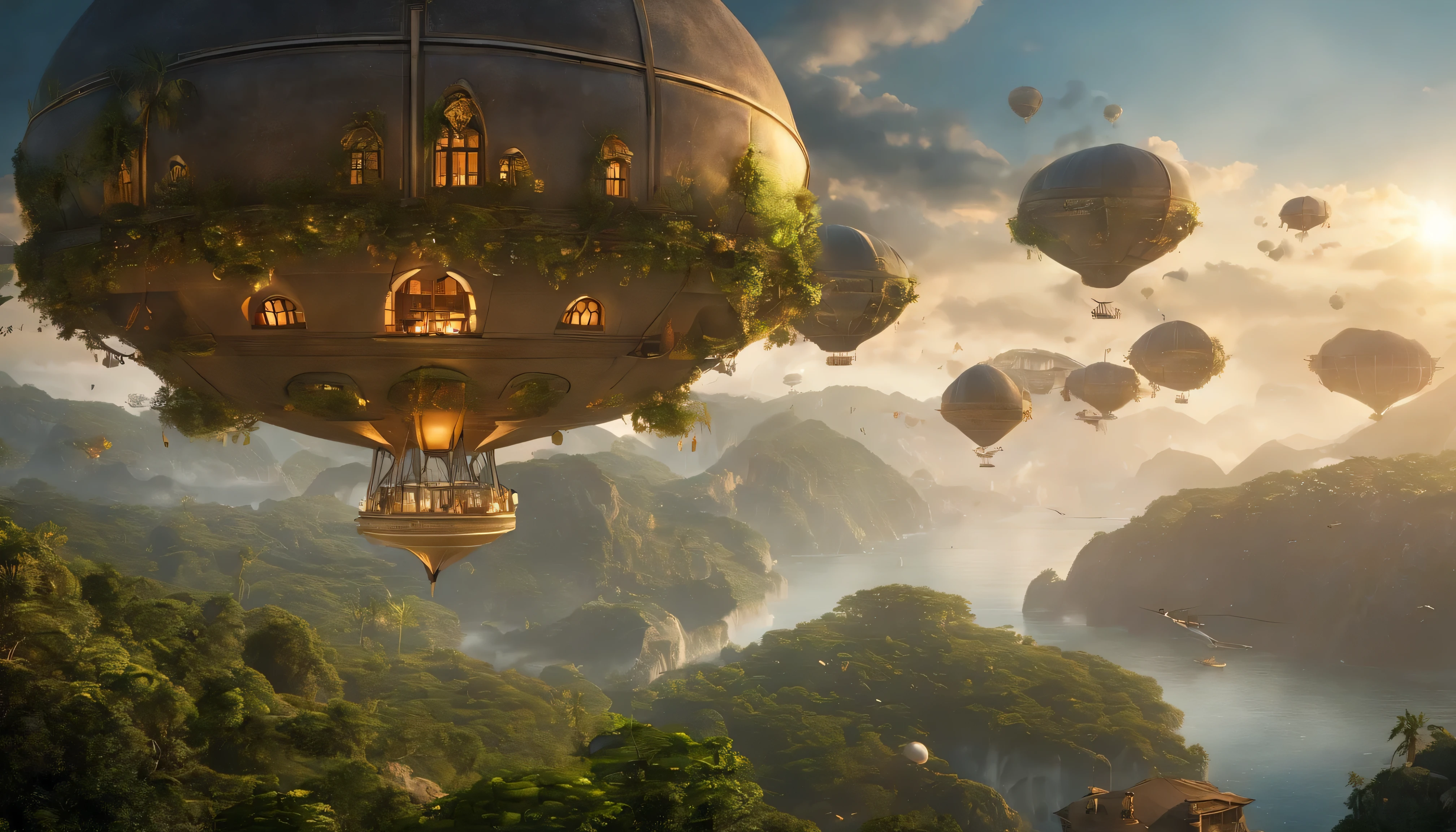 Many islands are suspended in the air with many small airships flying around, cities, fantasy, magical plants growing, extreme details, realistic light, epic composition, (complex details), (complex design, ultra-details :1.2), Art Station, (Masterpiece, Best Quality), Ultra HD, 32k --v 6