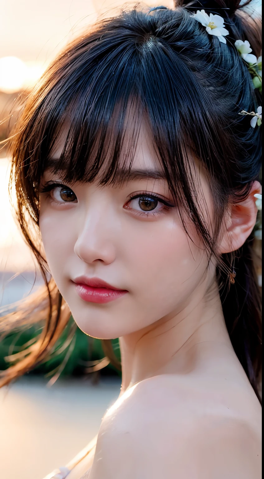 (logo、masterpiece、8k、Tabletop、RAW Photos、wonderful、最high quality、Photorealistic and Very detailed CG integrated 8k wallpaper、high quality、Very detailed、Narrative poem、Particle Effects、Dynamic Effects、Written boundary depth、Cinematic Light、Lens flare、Ray Tracing)、Fantasy、 (1 beautiful woman、dress、dress、Cherry blossom pattern、Black-haired、Beautiful Face、True Face、Beautiful details、eye、Beautiful Skin)、私の髪はWindに舞う、Hair flutters in Wind、hair bounces、Pink cherry blossom tree、Petals fluttering、SakuraFubuki、wonderful scenery、sunrise、Sun in the background、Wind、