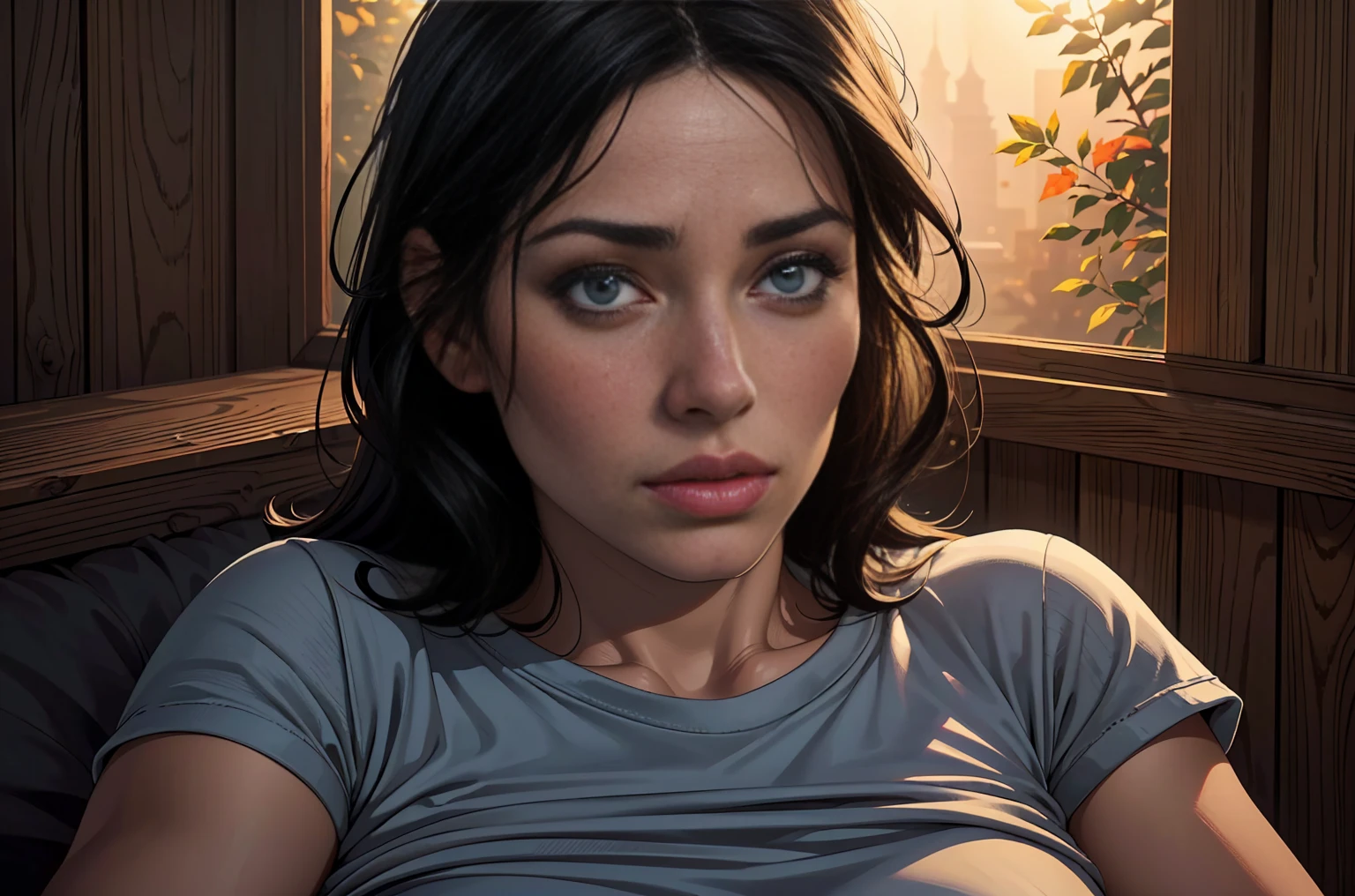 (best quality:1.2,realistic:1.37),(1 girl,40 years old),(detailed eyes),(detailed lips),(black hair),(short),(t-shirt),(cozy ambience),(soft lighting),(tranquil ambiance)