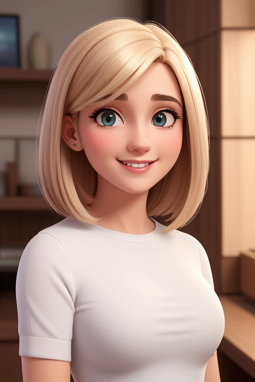 Uma mulher de 25 anos,  cabelo castanho bob longo, Rosto redondo, rosto redondo com sorriso encantador, e olhos castanhos. Executivo muito.