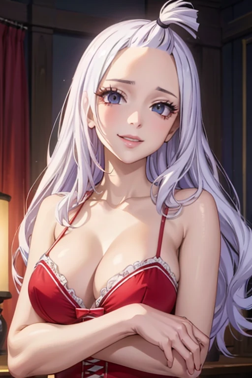 Mirajane Strauss with a beautiful smile, sexy red lingerie, open white shirt, detailed eyes, detailed lips, extremely detailed face, long eyelashes, real human skin texture, shiny hair, studio lighting, high-resolution rendering, vivid colors, photorealistic style