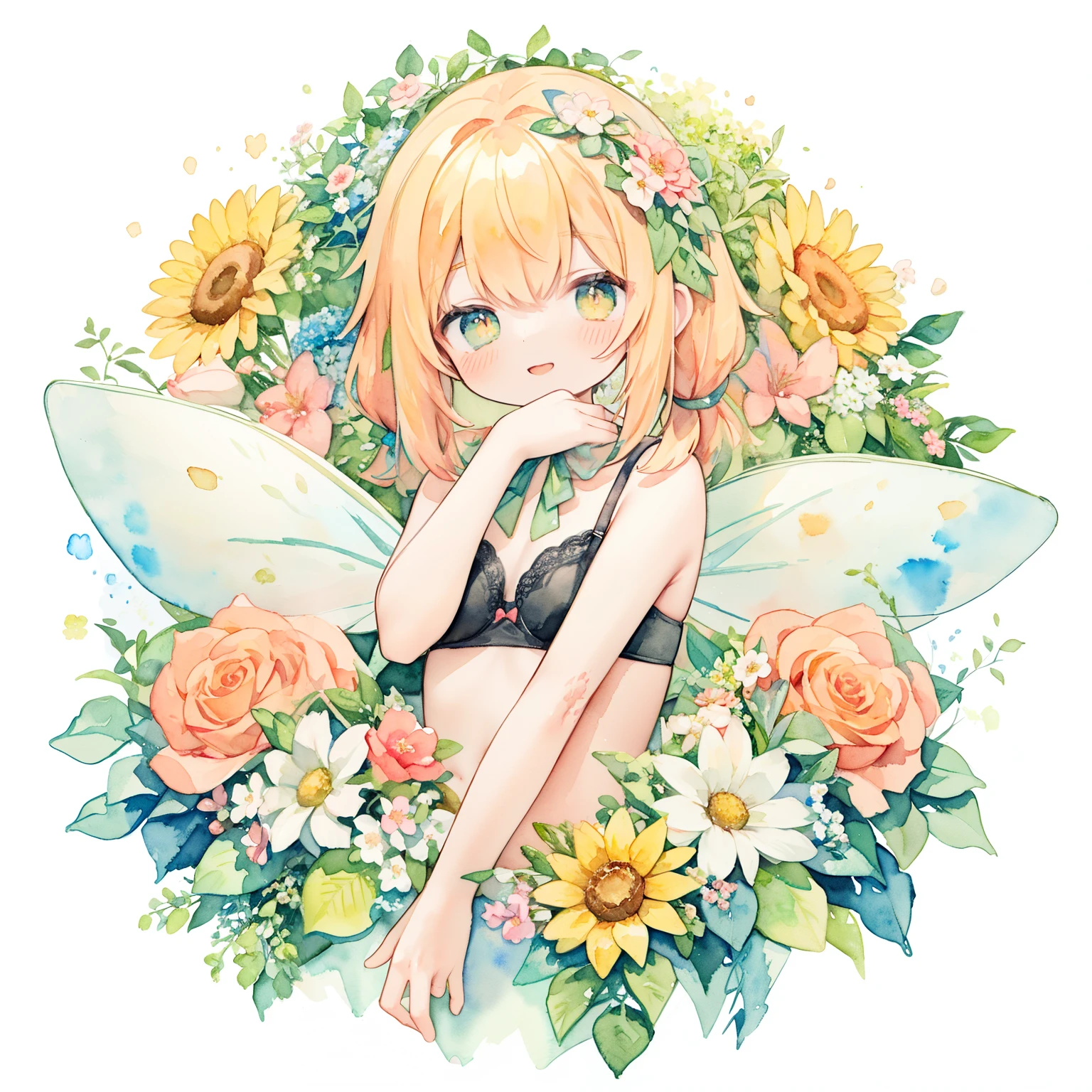 1 Fairy Girl:1.3、Twin tail hair、Fairy wings are big、 cross-shaped pupils, (PastelColors:1.3)、(Cute illustration:1.3)、(watercolor:1.3)、adjusting_clothes(adjusting_bra)、whole body、turn around、Raise your arms、raise your feet、Open your mouth、Lookback、whole body、smile、I turned around、、Dutchangle、Summer orange wreath background、Underwear fairy、Morning light、Orange color flower arrangement wreath background、Orange theme