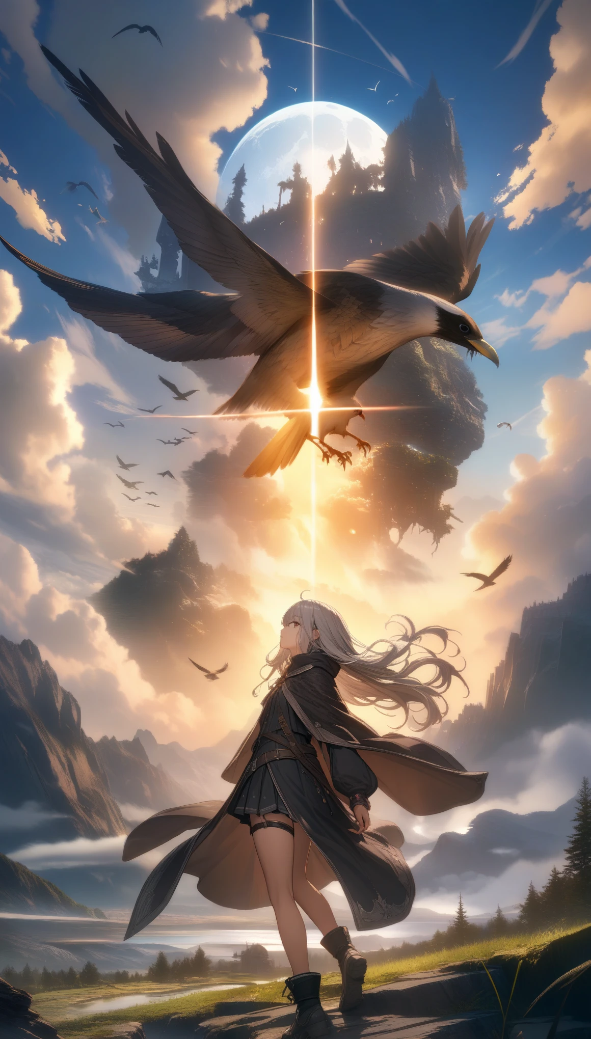 32k, best quality, ultra high res, HDR, UHD, extremely detailed CG, unity 32k wallpaper, highest quality, Very detailed, masterpiece, Super detailed, cloud, witch_Have, Have, 1 Girl, null, green_null,Day, length_hair, cloudy_null, moon,bird, alone, Silver_hair, witch, Outdoor,