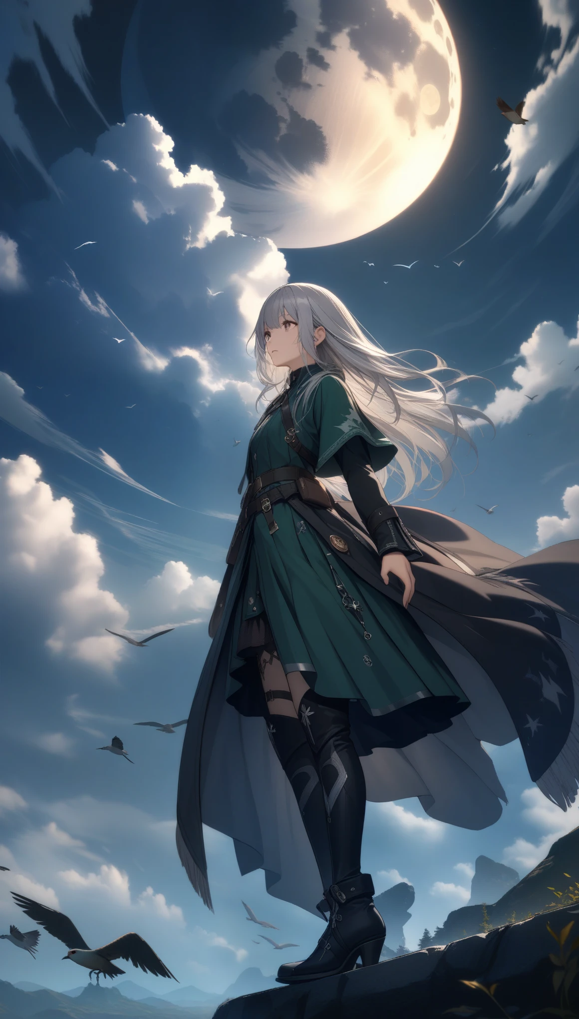 32k, best quality, ultra high res, HDR, UHD, extremely detailed CG, unity 32k wallpaper, highest quality, Very detailed, masterpiece, Super detailed, cloud, witch_Have, Have, 1 Girl, null, green_null,Day, length_hair, cloudy_null, moon,bird, alone, Silver_hair, witch, Outdoor,