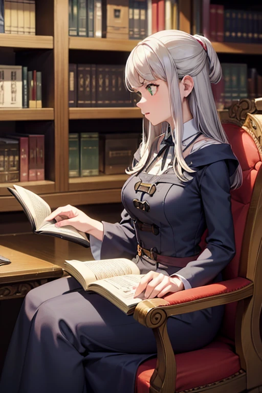 A young silver haired female witch with green eyes and an hourglass figure in a conservative Victorian dress is reading in the library