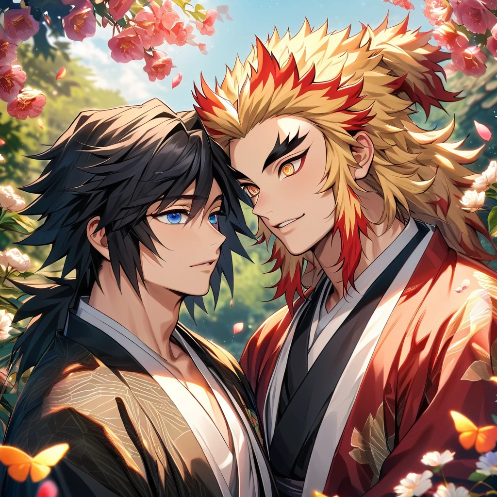 Ultra detailed, highres, absurdres, HDR, Rengoku Kyojuro, blond hair, golden eyes, Tomioka Giyuu, black hair, blue eyes, Kimetsu No Yaiba, pink and green leaves, flowers and petals, summer, 2 men together, gay couple, handsome, butterflies