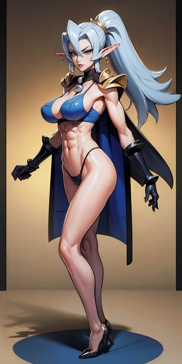 extremely long hair , ponytail, perfect anatomy 1 girl tall solo, slim thick, ((muscular)) high elf toned body, silver breast plate, blue cape, slendered abs, hourglass waist, detailed face, defined cheekbones, puffy lips, gauntlets, gold crown, shadow over eyes, looking at viewer, masterpiece, white thigh highs lingerie, high heels, clair pokemon
