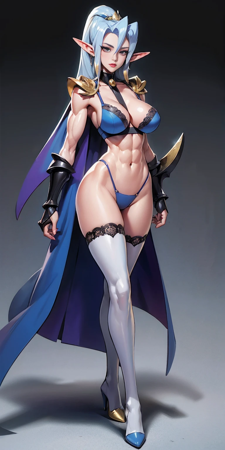 extremely long hair , ponytail, perfect anatomy 1 girl tall solo, slim thick, ((muscular)) high elf toned body, silver breast plate, blue cape, slendered abs, hourglass waist, detailed face, defined cheekbones, puffy lips, gauntlets, gold crown, shadow over eyes, looking at viewer, masterpiece, white thigh highs lingerie, high heels, clair pokemon