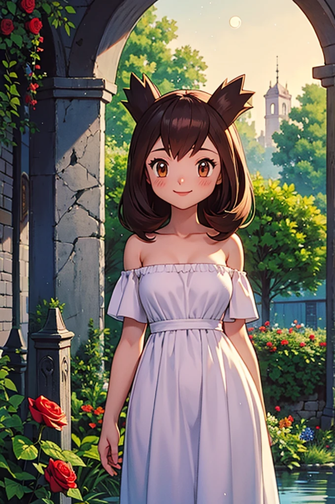 masterpiece, best quality, ultra-detailed, illustration, beautiful detailed eyes, very detailed illustration, cinematic lighting, 1 girl, solo, Pokemon Heroes (Bianca), Brown Hair, brown eyes, bare shoulders, strapless, off shoulders, white ruffle off the shoulder maxi dress, intricate details, sharp focus, high resolution, the background of beautiful garden with rose bushes, on a beautiful night, crescent moon, smile, standing near a lake, arms behind back, anime style, ultra-detailed, hdr, far at the bottom, in the center, Close up