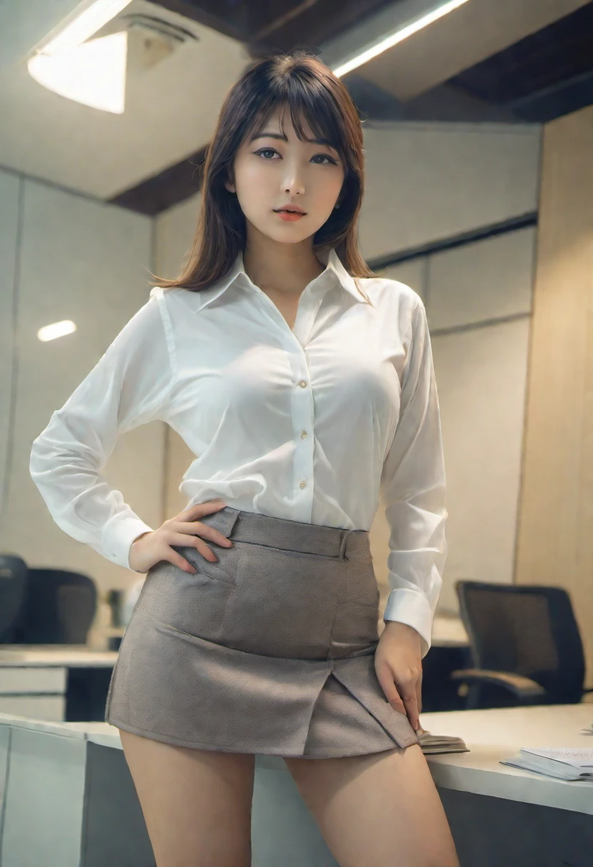 Arab asian woman in skirt posing in office, sakimichan hdri, Japanese Model, Shot with Canon EOS 5D mark iv, Shot with Canon EOS 5D, Photographed with Sony A7R camera, Confident posture, Shot with a Canon 5D MK4, Confident pose, Japanese Goddess, Wearing a white skirt, Young Sensual Gravure Idol
