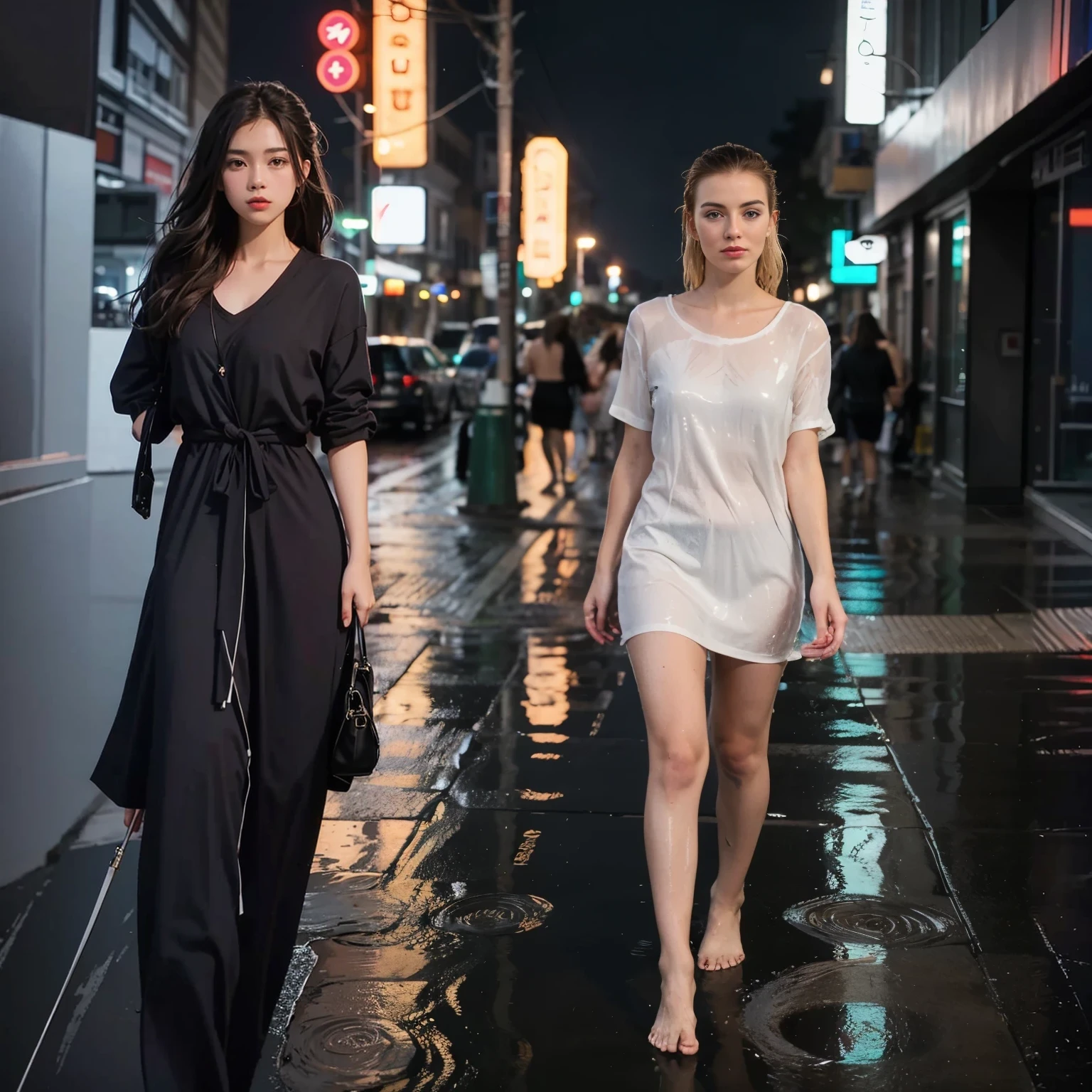 car traffic, pedestrians with umbrellas, neon signs, storefronts