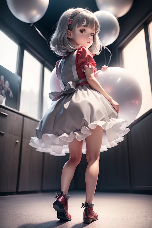 ((holding a gray ballon)), (((full body))), real photo,  girl, Brat female , ((looking back at me)), red dress shoes,
