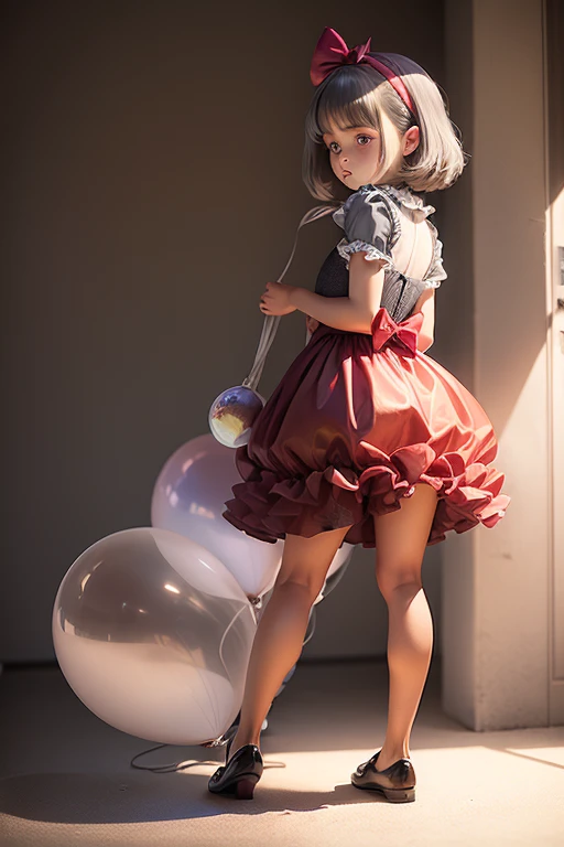 ((holding a gray ballon)), (((full body))), real photo, girl, Brat female , ((looking back at me)), red dress shoes,