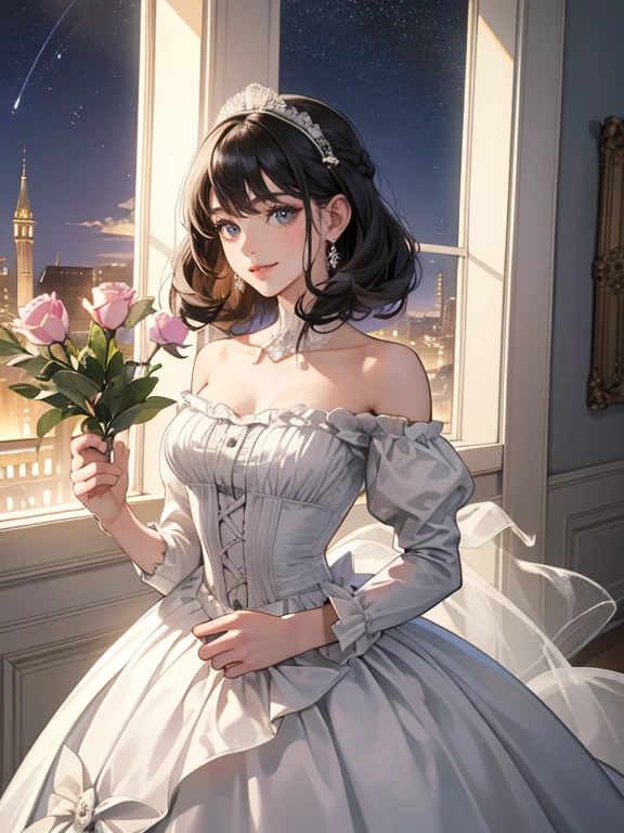 (absurdos, high resolution, ultra detalhado), 1 mulher, Sozinho, (1 mulher com cabelo ruivo-laranja penteado com penteado vitoriano, rosas brancas no cabelo, wearing white ballroom dress, vestido decotado, showing neck, clavicles, Ombros expostos, vestido de noite, vestido branco com mangas bufantes, longas luvas brancas, minimal makeup, olhos verdes, expression: sorrindo feliz)(pose: reverence, holding her skirt in reverence)(Fundo: ballroom, victorian ballroom, many guests in the Fundo, cool night lighting, night sky seen through French windows, lustre no teto)