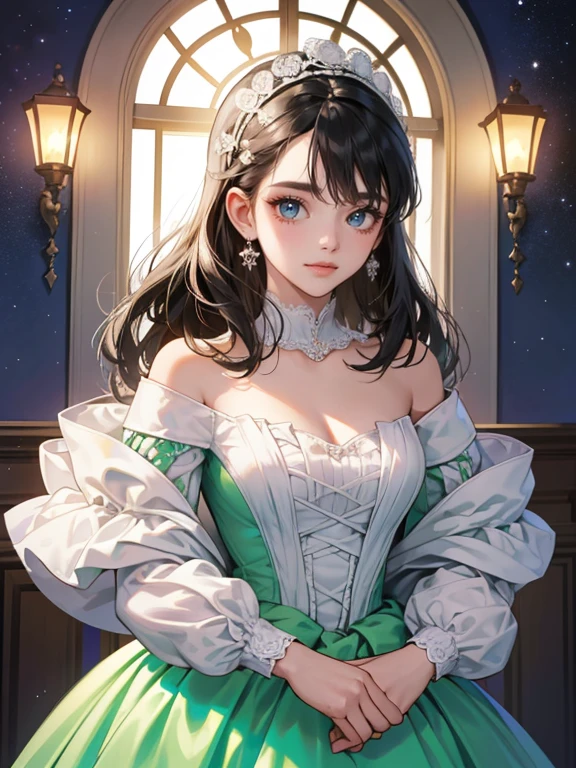 (absurdos, high resolution, ultra detalhado), 1 mulher, Sozinho, (1 mulher com cabelo ruivo-laranja penteado com penteado vitoriano, rosas brancas no cabelo, wearing white ballroom dress, vestido decotado, showing neck, clavicles, Ombros expostos, vestido de noite, vestido branco com mangas bufantes, longas luvas brancas, minimal makeup, olhos verdes, expression: sorrindo feliz)(pose: reverence, holding her skirt in reverence)(Fundo: ballroom, victorian ballroom, many guests in the Fundo, cool night lighting, night sky seen through French windows, lustre no teto)
