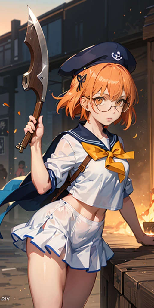 Big . Glasses. Orange eyes. Orange hair. Sailor's uniform. Magical girl. Weapon is an axe. Anime Girl. short hair. sailor's cap. anime style eyes. anime key visual. perfect pupil. solo.