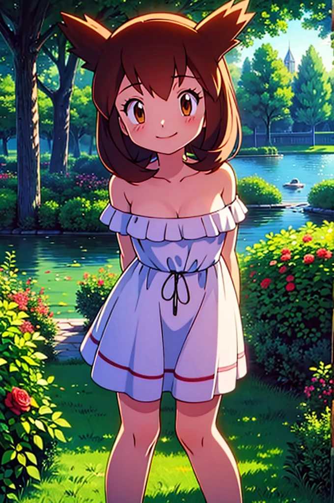 masterpiece, best quality, ultra-detailed, illustration, beautiful detailed eyes, very detailed illustration, cinematic lighting, 1 girl, solo, Pokemon Heroes (Bianca), Brown Hair, brown eyes, bare shoulders, strapless, off shoulders, white ruffle off the shoulder maxi dress, intricate details, sharp focus, high resolution, the background of beautiful garden with a forest, rose bushes, on a beautiful night, crescent moon, smile, standing near a lake, arms behind back, anime style, ultra-detailed, hdr, far at the bottom, in the center, Close up
