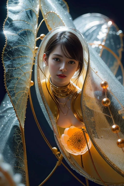 best quality,4k,8k,highres,masterpiece:1.2,ultra-detailed,realistic:1.37,HDR,UHD,studio lighting,ultra-fine painting,sharp focus,physically-based rendering,extreme detail description,professional,art nouveau,tarot card style, 2characters, dynamic angle, female alien,(creatures from outer space),((A humanoid female alien is emerging crawling out from inside a cocoon:1.5)), ((her lower body is still inside the cocoon:1.5)), evolution, (the alien body fluids nurture the surroundings), fractalized, futuristic alien, (wearing a glass exoskeleton),biological exoskeleton,alien flora,(surreal sci-fi background with bioluminescent fungi),vivid colors,beige and olive hues,trending on cgsociety,landscape,(horror),Yoshitaka Amano style,sci-fi,concept artists,bright and vibrant colors,dreamy lighting