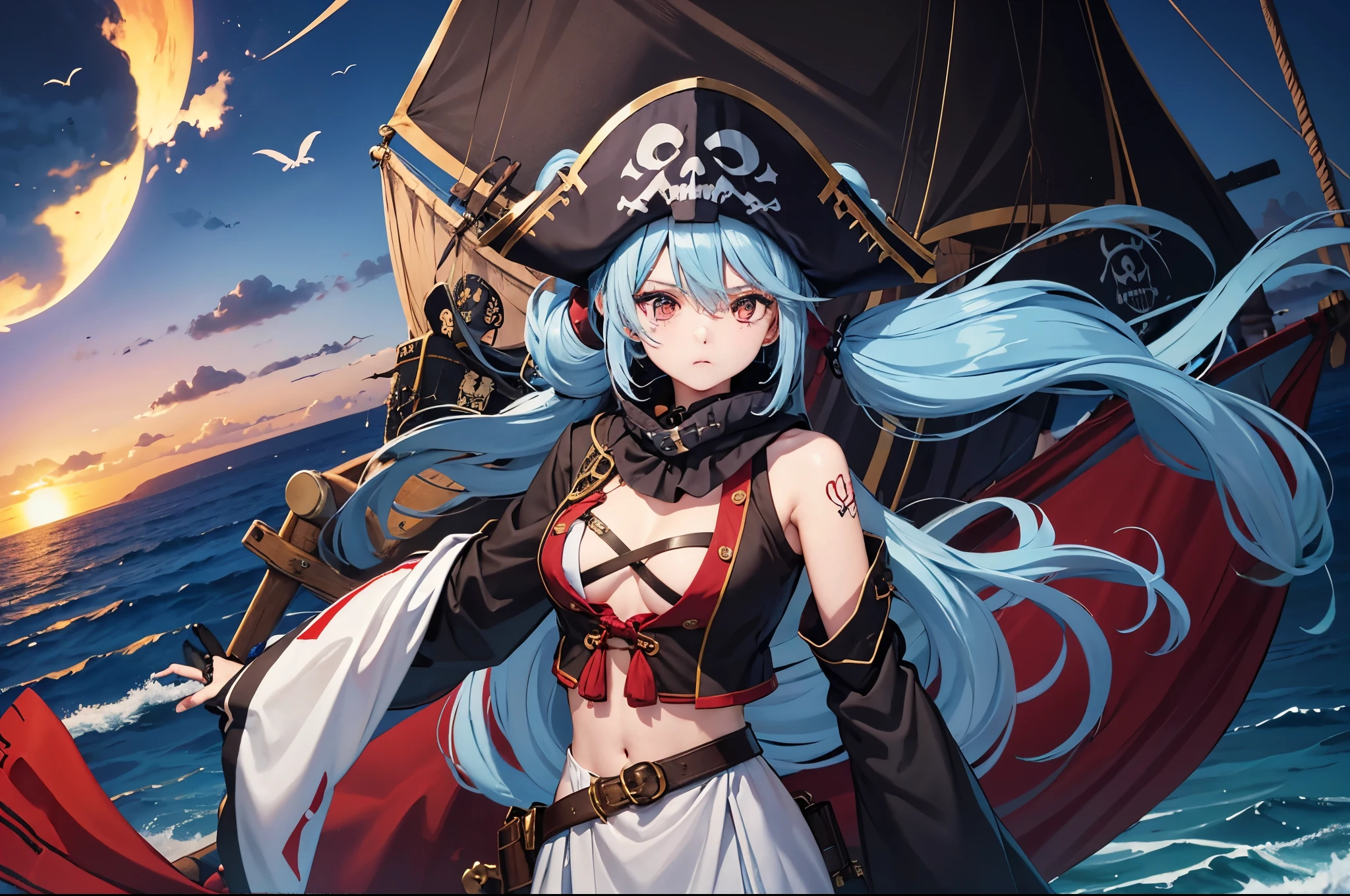 masterpiece,Elementary school student 9 years old girl,alone,long hair,light blue hair,off shoulder:1.2, black captain hat,pirate ship,put your hands on your hips,naked pussy tits naked nipples smiling smug、brat,spread your legs,Red pattern,Man juice dripping