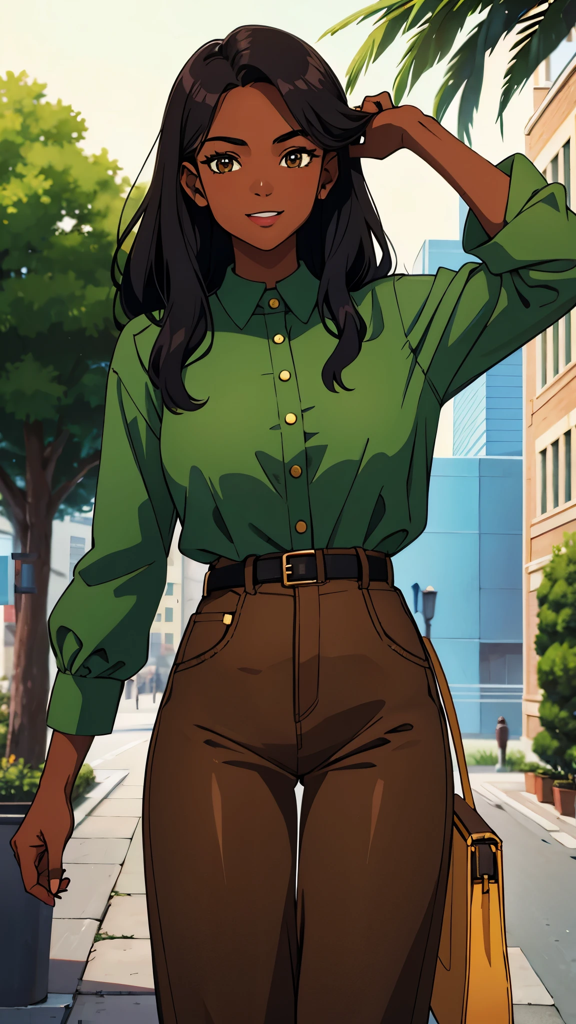 dark skin and straight hair, approximately 21 years old and with a cheerful personality, she was wearing a green and denim blouse and in the middle a brown belt that showed off her thin waist,