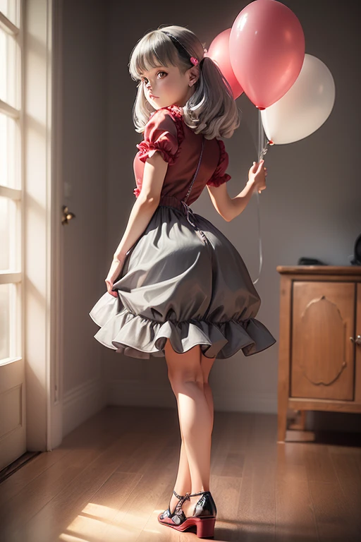 ((holding a gray ballon)), (((full body))), real photo, 9 years old girl, Brat female , ((looking back at me)), red dress shoes,