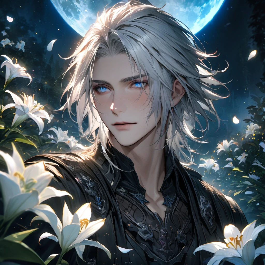 absurdres, highres, ultra detailed, HDR, master piece, best quality, Ravus Nox Fleuret, white hair, expressive blue eyes, Final Fantasy XV, 1man, handsome, petals, white lilies, moon, fireflies, extremely detailed face and eyes