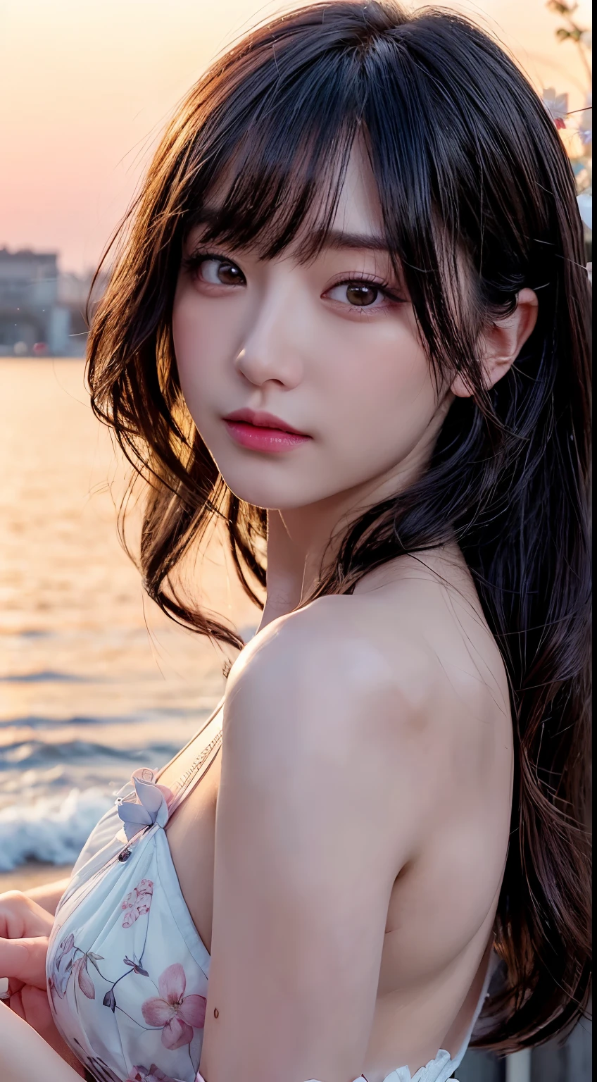 (logo、masterpiece、8k、Tabletop、RAW Photos、wonderful、最high quality、Photorealistic and Very detailed CG integrated 8k wallpaper、high quality、Very detailed、Narrative poem、Particle Effects、Dynamic Effects、Written boundary depth、Cinematic Light、Lens flare、Ray Tracing)、Fantasy、 (1 beautiful woman、dress、dress、Cherry blossom pattern、Black-haired、Beautiful Face、True Face、Beautiful details、eye、Beautiful Skin)、私の髪はWindに舞う、Hair flutters in Wind、hair bounces、Pink cherry blossom tree、Petals fluttering、SakuraFubuki、wonderful scenery、sunrise、Sun in the background、Wind、