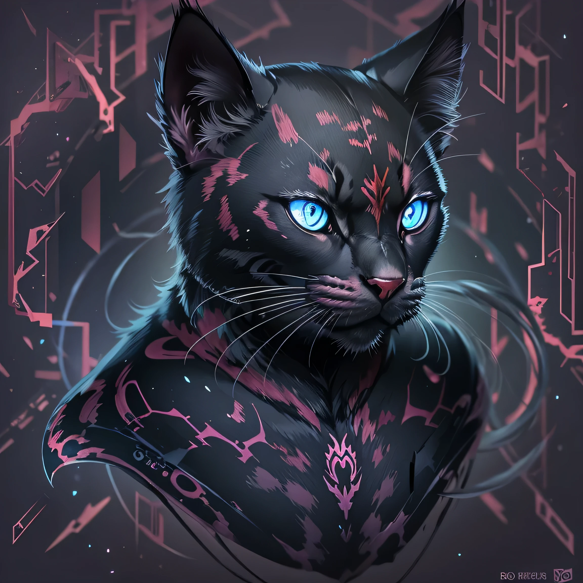 There is a black cat with a white marking on its face., Cat Details, Cat Design, Cat from the void, cat head, Cyberpunk Cat, cat illustration, alex grey cat, With symmetrical head and eyes, devil cat, Metal cat ears and glowing eyes, cyborg cat, Anthropomorphic cat, cat face, Cat with laser eyes
