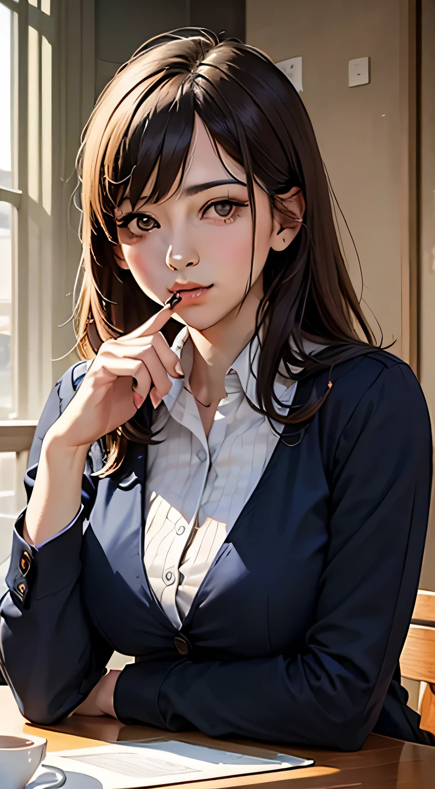 (raw photo:1.2),((photorealistic:1.4))best quality ,masterpiece, illustration, an extremely delicate and beautiful, extremely detailed ,unity ,8k wallpaper, Amazing, finely detail, masterpiece,best quality,official art,extremely detailed CG unity 8k wallpaper,absurdres, incredibly absurdres, huge filesize, ultra-detailed, highres, extremely detailed,beautiful detailed girl, extremely detailed eyes and face, beautiful detailed eyes,light on face,cinematic lighting,Masterpiece, high quality, 4K, beautiful design, shiny, from the front, award winning photo, extremely detailed, highly detailed woman, extremely detailed eyes and face,
Upper body shot,
upscale restaurant, sitting at a table, delicious dishes, coffee, coffee mug, coffee in hand to mouth,beautiful light.meal,eat,eating,eculation
edghanfu tiny waist,pencil_dress, a woman wearing a blue pencil_dress and a white blazer,
