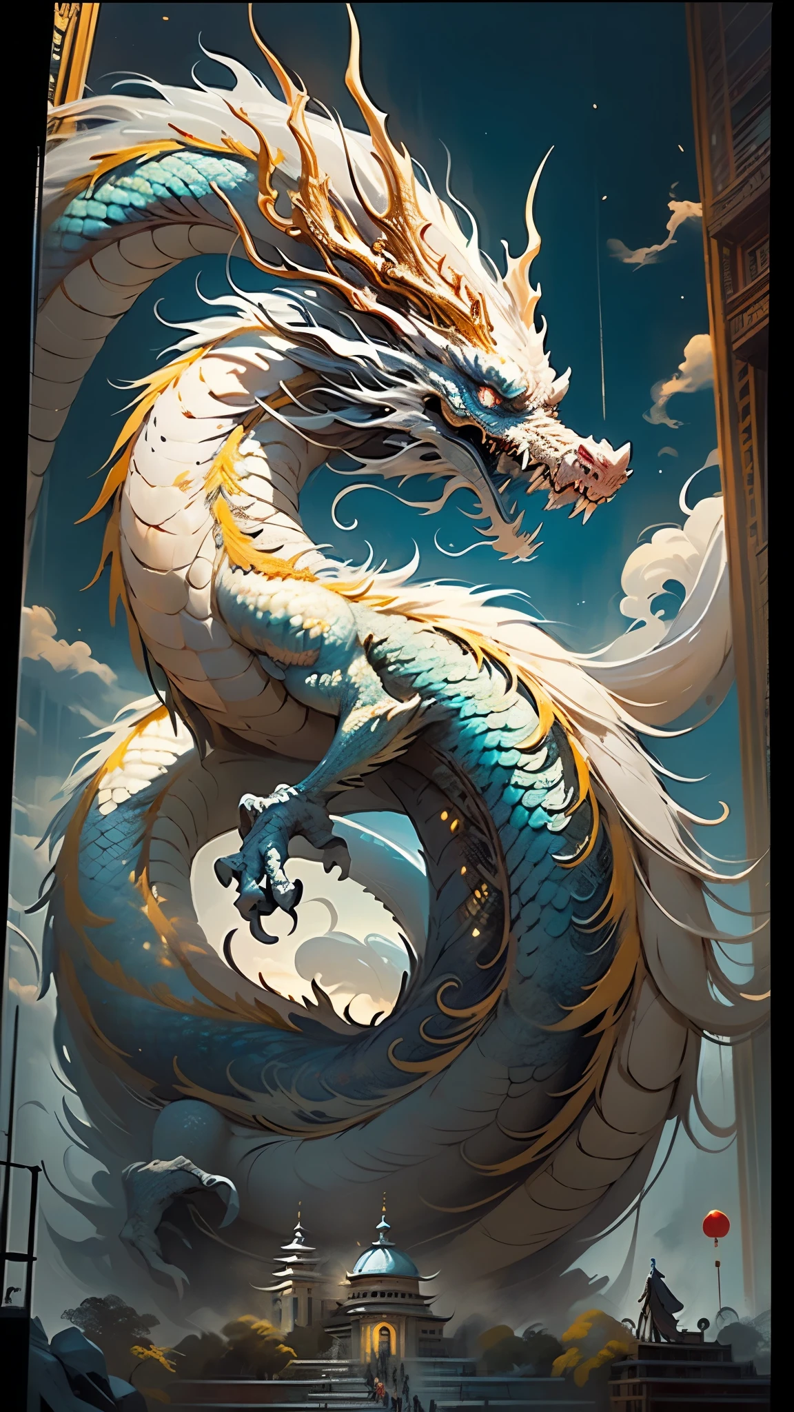最got it品质，masterpiece，Ultra-high resolution，No humans，（length：1.2），（finely：1.2），Chinese Golden White Dragon，length hair，tooth，blue eyes，teeth，cloud，cupola，From behind，armor，sky sky，Open your mouth，Showdown，gather strength，Size Differences，Gray Hair，building，got it，（the texture is real：1.2），（Glowing colorful scales：1.2），（real details：1.2），（[street frontage|~ side]：1.1），Ultra-precise 3D modeling，like tim burton、dale chifley、Xiaolengthcheng、Other authors include Cyril Rolland and Junior.. Giger-style paintings are equally magical。shadow and light intertwine，produce brilliant results。