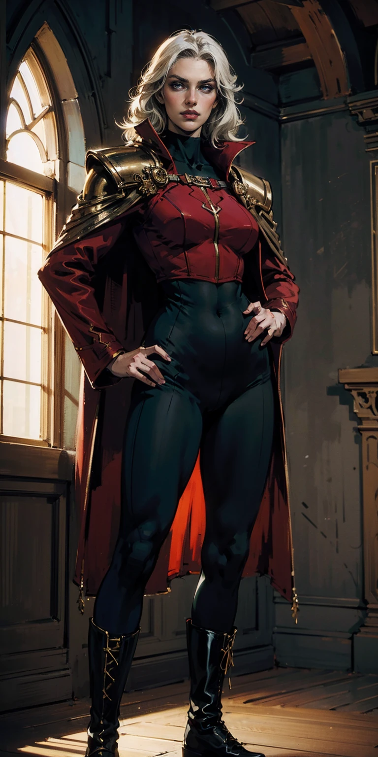 A woman with long platinum blonde hair, choppy bangs, arched crescent eyebrows, sharp and determined eyes, a delicate oval face, a serious expression, a fantasy-style dark green military coat, draped with a dark red cloak, military trousers, leather combat boots, silver greaves leggings, one hand on her hip, standing in a spacious training ground, this character embodies a finely crafted fantasy-style female military officer in anime style, exquisite and mature manga art style, pale skin, high definition, best quality, highres, ultra-detailed, ultra-fine painting, extremely delicate, professional, perfect body proportions, golden ratio, anatomically correct, symmetrical face, extremely detailed eyes and face, high quality eyes, creativity, RAW photo, UHD, 32k, Natural light, cinematic lighting, masterpiece-anatomy-perfect, masterpiece:1.5