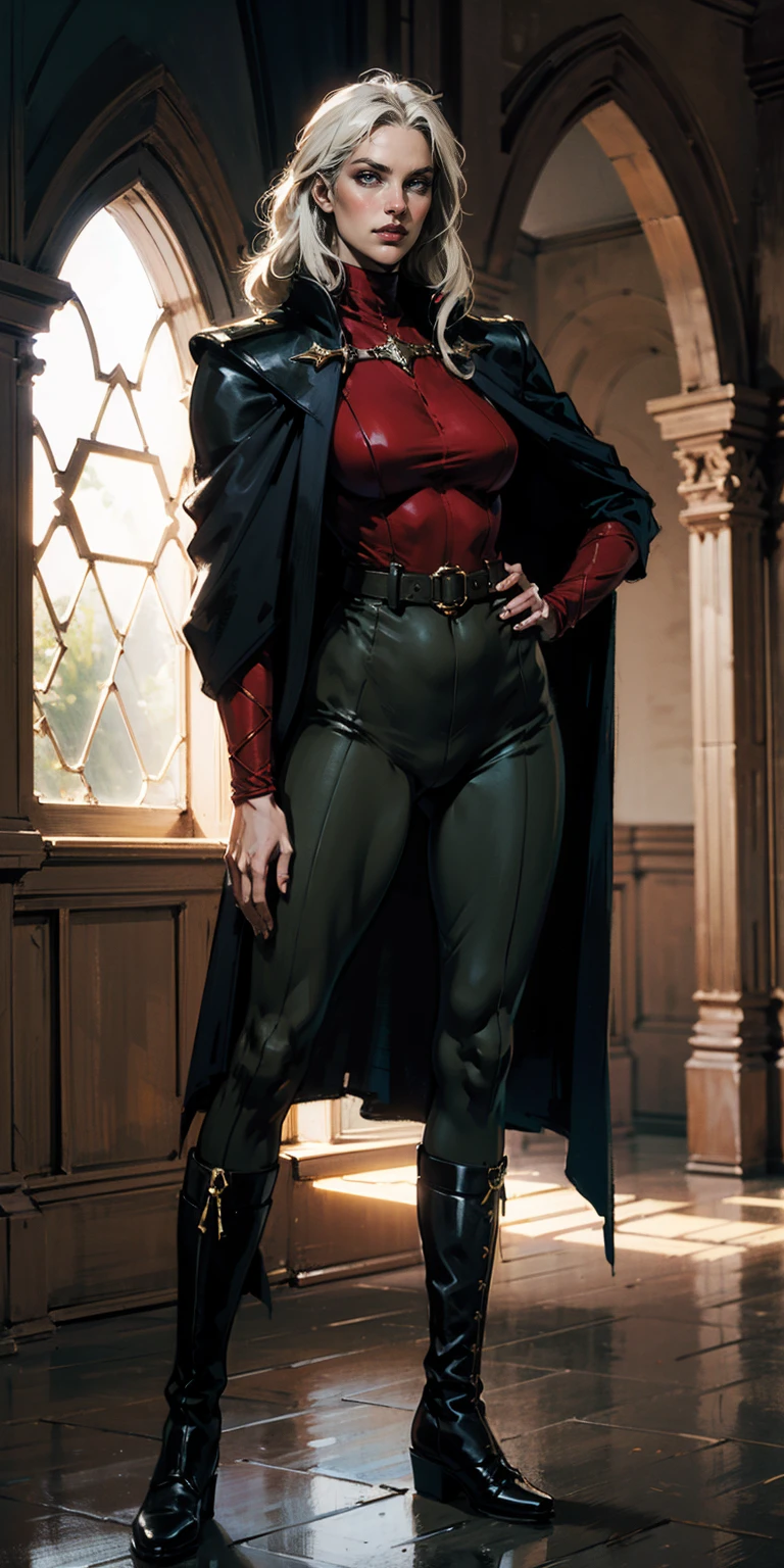A woman with long platinum blonde hair, choppy bangs, arched crescent eyebrows, sharp and determined eyes, a delicate oval face, a serious expression, a fantasy-style dark green military coat, draped with a dark red cloak, military trousers, leather combat boots, silver greaves leggings, one hand on her hip, standing in a spacious training ground, this character embodies a finely crafted fantasy-style female military officer in anime style, exquisite and mature manga art style, pale skin, high definition, best quality, highres, ultra-detailed, ultra-fine painting, extremely delicate, professional, perfect body proportions, golden ratio, anatomically correct, symmetrical face, extremely detailed eyes and face, high quality eyes, creativity, RAW photo, UHD, 32k, Natural light, cinematic lighting, masterpiece-anatomy-perfect, masterpiece:1.5