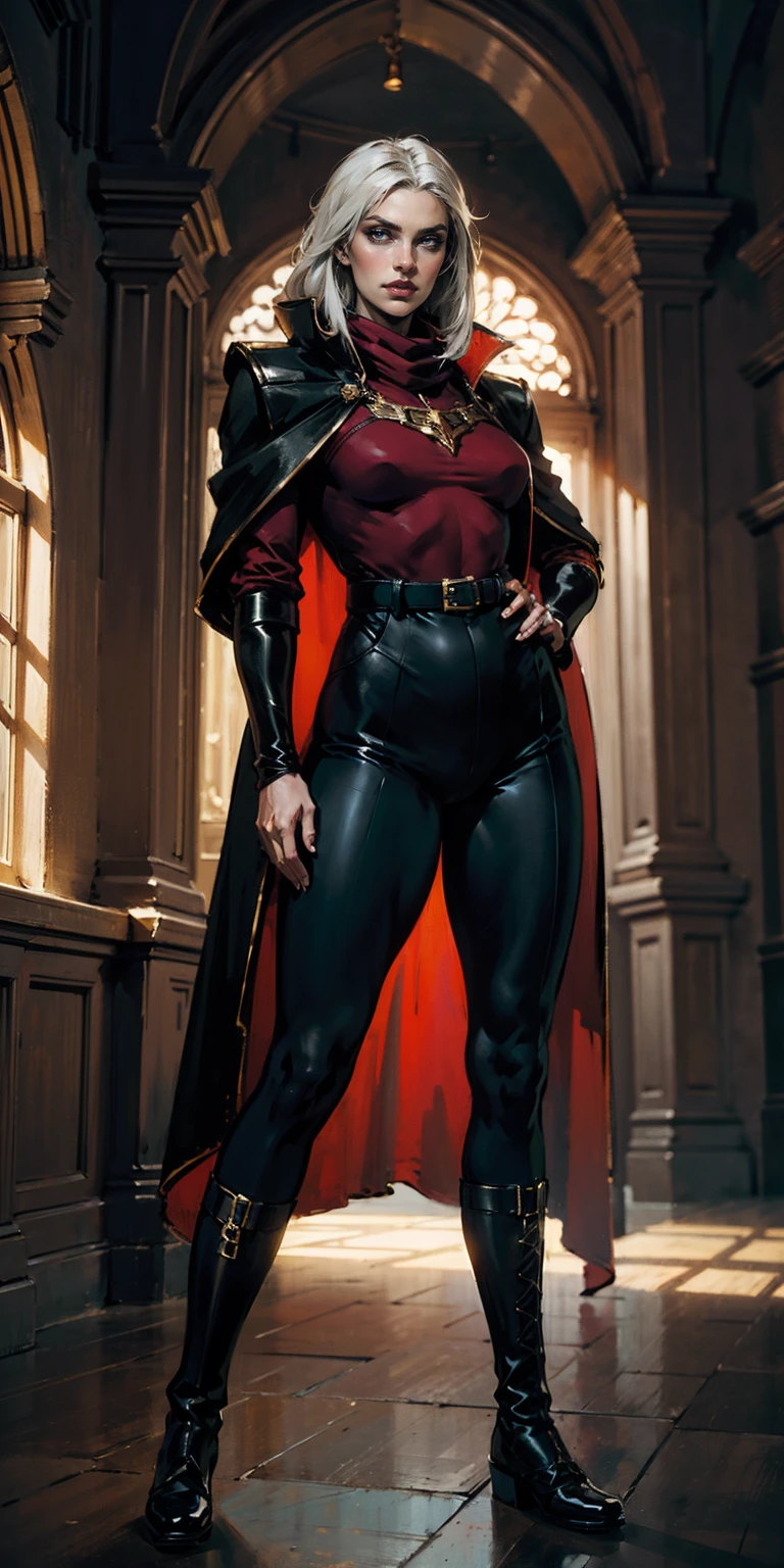 A woman with long platinum blonde hair, choppy bangs, arched crescent eyebrows, sharp and determined eyes, a delicate oval face, a serious expression, a fantasy-style dark green military coat, draped with a dark red cloak, military trousers, leather combat boots, silver greaves leggings, one hand on her hip, standing in a spacious training ground, this character embodies a finely crafted fantasy-style female military officer in anime style, exquisite and mature manga art style, pale skin, high definition, best quality, highres, ultra-detailed, ultra-fine painting, extremely delicate, professional, perfect body proportions, golden ratio, anatomically correct, symmetrical face, extremely detailed eyes and face, high quality eyes, creativity, RAW photo, UHD, 32k, Natural light, cinematic lighting, masterpiece-anatomy-perfect, masterpiece:1.5