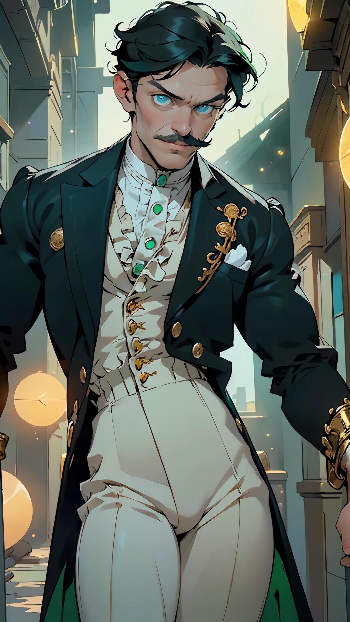 (((Doctor Victor Frankenstein))),(creator of Frankenstein's monster),(pectoral,man chest), (45 year old man),mature,((1male,1 male,1man,man,male gender:1.5,male focus)),(((Victorian era black hair and mustaches))),(((blue_eyes:1.3))),intricate eyes,beautiful detailed eyes,symmetrical eyes,((detailed face)), (A middle-aged German man with a strong jaw),
serious face,evil eyes,
(((Victorian era black suit, white shirt with frills, golden embroidery))),((bulge in pants)),((intricate outfit,intricate clothes, Victorian era style clothes)),
(dynamic pose:1.0),mocking,(centered,scale to fit dimensions,Rule of thirds),
((((surrounded by tiny orbs of bright green light that float and spin around him)))),
indoor,((Victorian style dark palace at night)),scenery:1.25,intricate scenery,extremely scenery,((Victorian style dark palace in the background)),
(Glossy Victorian era ornaments),highres,sharp focus,(ultra detailed,extremely detailed),(photorealistic artwork:1.37),(extremely detailed CG unity 8k wallpaper),(((vibrant colors,vibrant theme))),(intricate),(masterpiece),(best quality),artistic photography,(photography taken by sldr),(intricate background),perfect rendered face,perfect face details,realistic face,photo realistic,((intricate detail)),(((realism))),