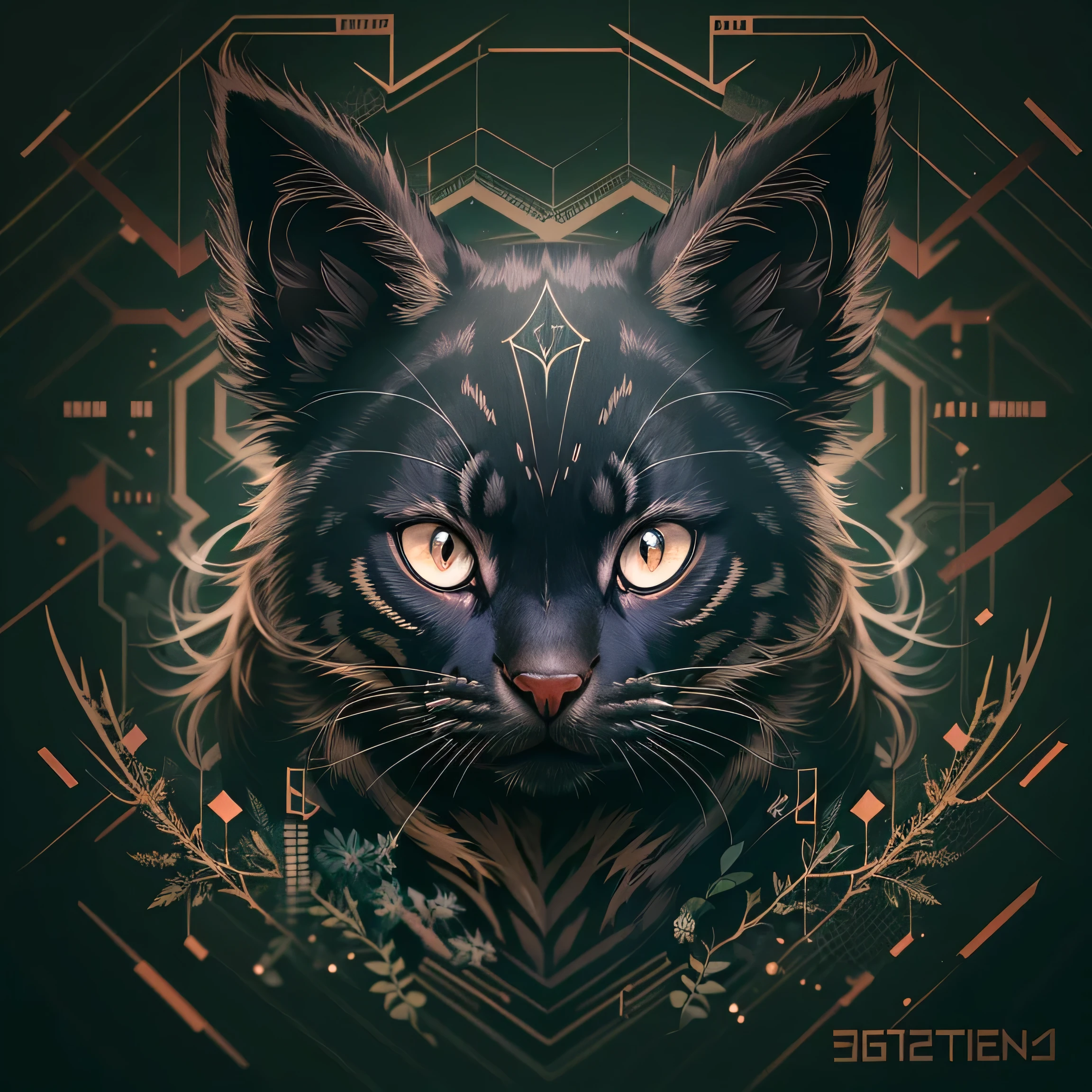 There is a black cat with a white marking on its face., vector art inspired by Petros Afshar, Shutterstock Contest Winner, generativeart, Cat Details, Cat Design, Cat from the void, cat head, Cyberpunk Cat, cat illustration, alex grey cat, With symmetrical head and eyes, devil cat, Metal cat ears and glowing eyes